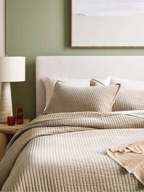 QUINCE Velvet Vertical Channel Quilt KING  -  Light Taupe  -  NEW